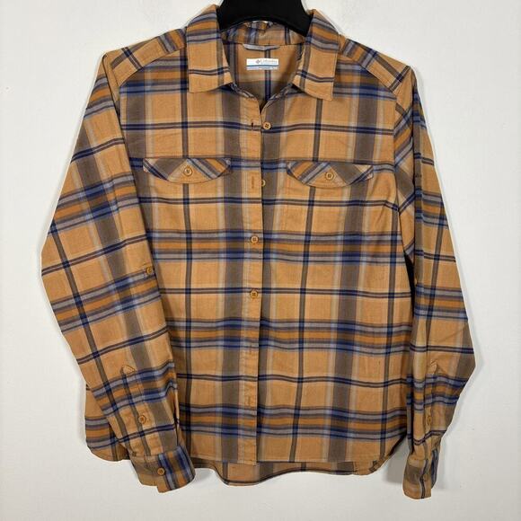 Columbia Shirt Women XL Brown Plaid Roll Tab Long Sleeve Button Up Blouse Fall - Picture 12 of 12